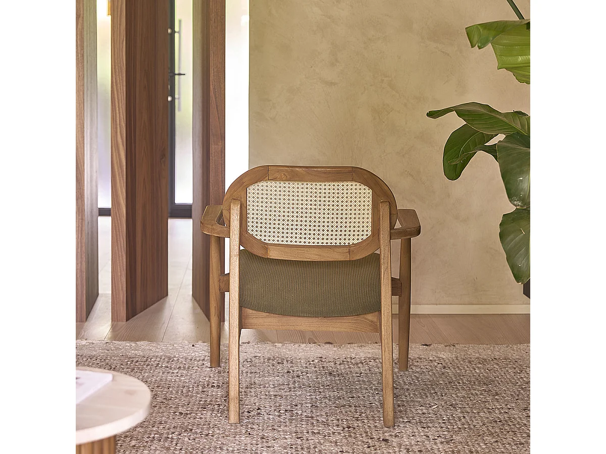 Sillón de teca maciza, rejilla y tejido de terciopelo caqui