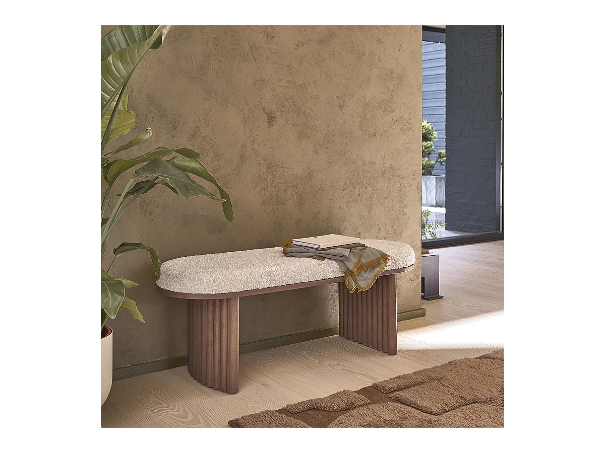 Banco de mindi macizo acabado nogal con tela bouclette 120 cm