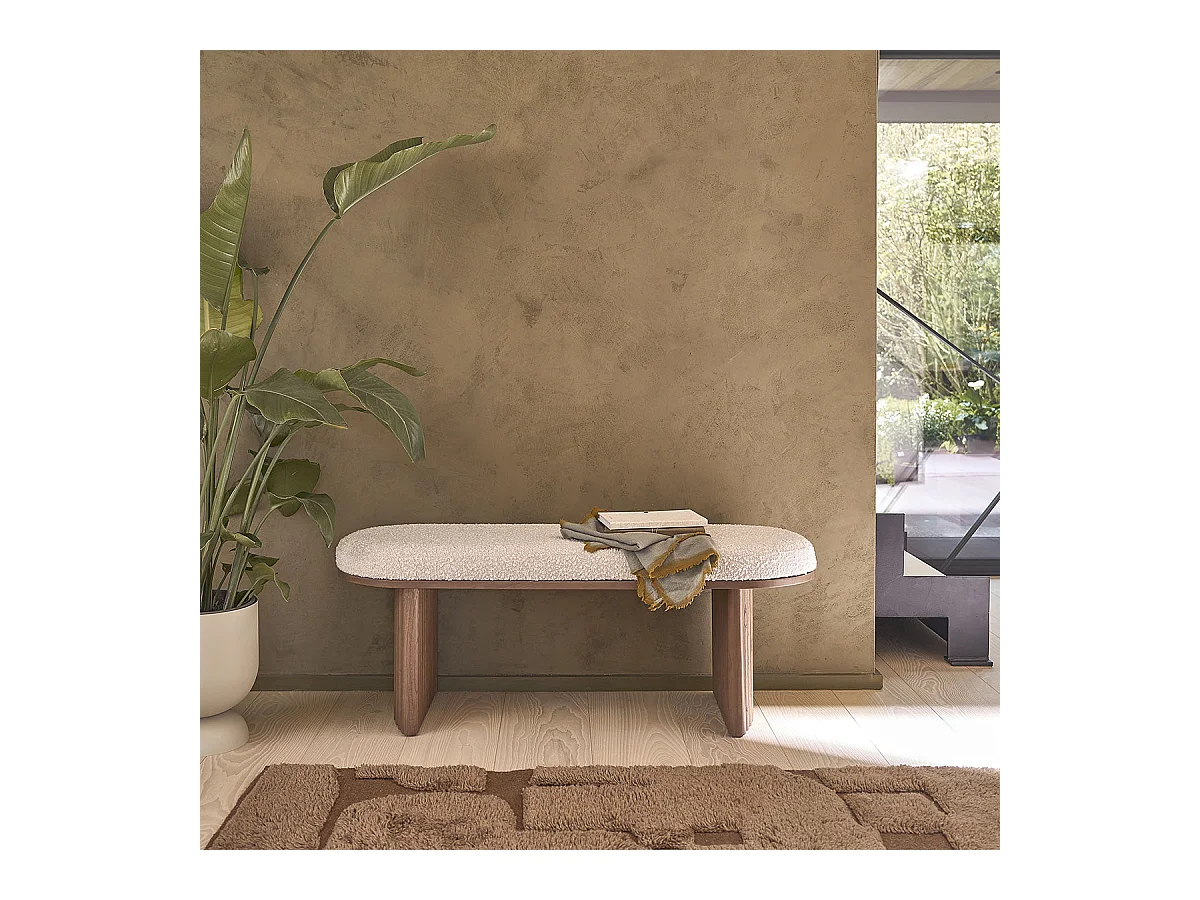 Banc en mindi massif finition noyer et tissu bouclette 120 cm
