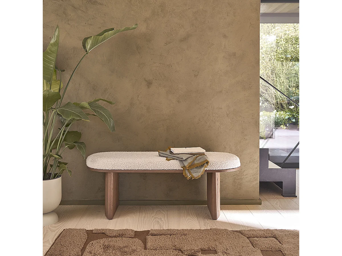 Banco de mindi macizo acabado nogal con tela bouclette 120 cm