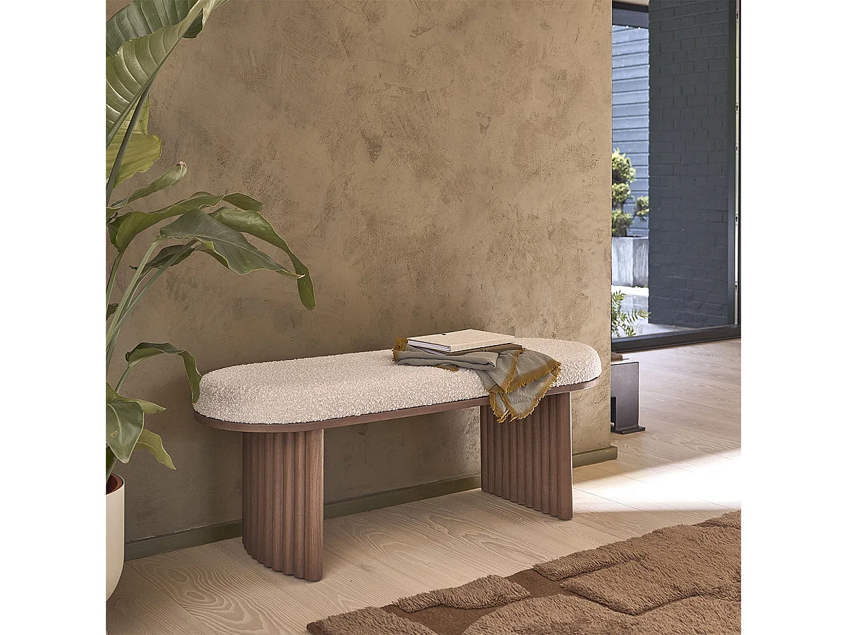 Banco de mindi macizo acabado nogal con tela bouclette 120 cm