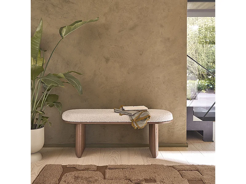 Banc en mindi massif finition noyer et tissu bouclette 120 cm
