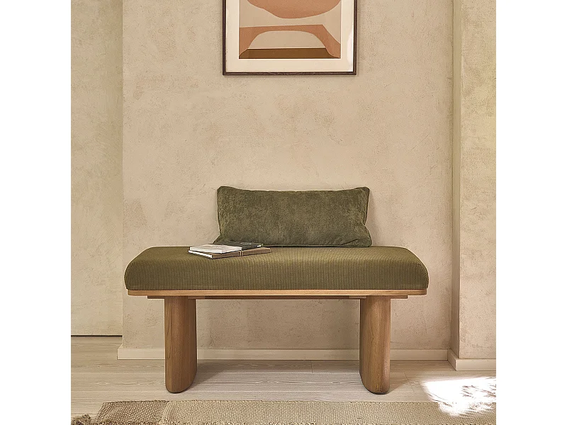 Banc en teck massif et tissu velours cotelé vert 100 cm