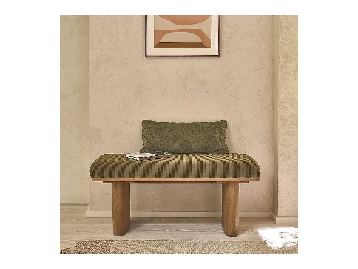 Banc en teck massif et tissu velours cotelé vert 100 cm