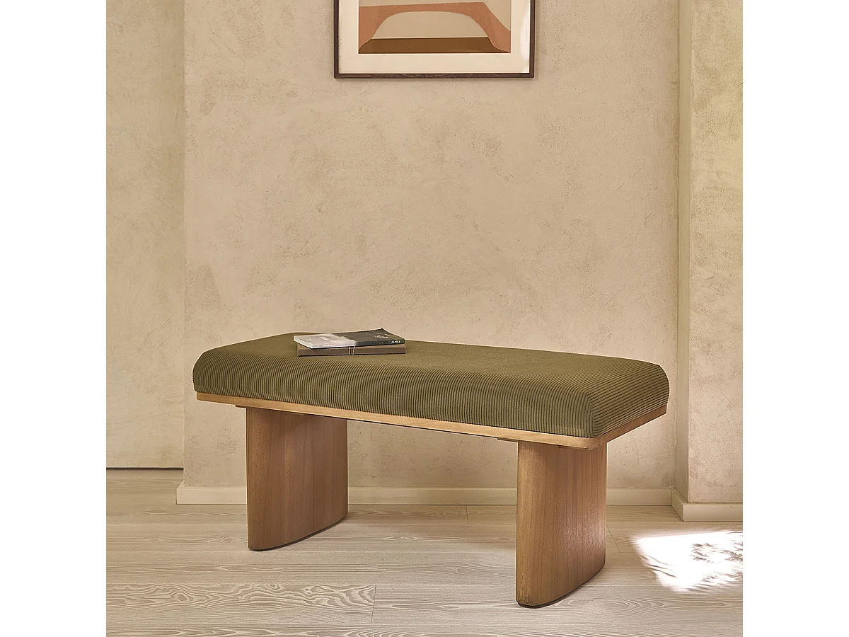 Banc en teck massif et tissu velours cotelé vert 100 cm