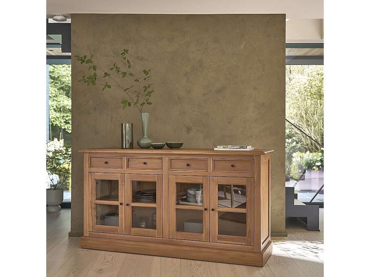 Buffet 4 portes en verre et 4 tiroirs, en teck massif