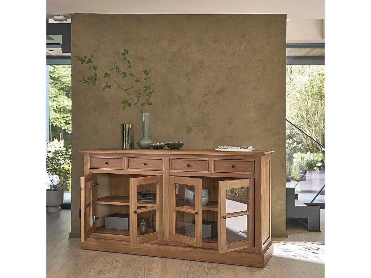 Buffet 4 portes en verre et 4 tiroirs, en teck massif