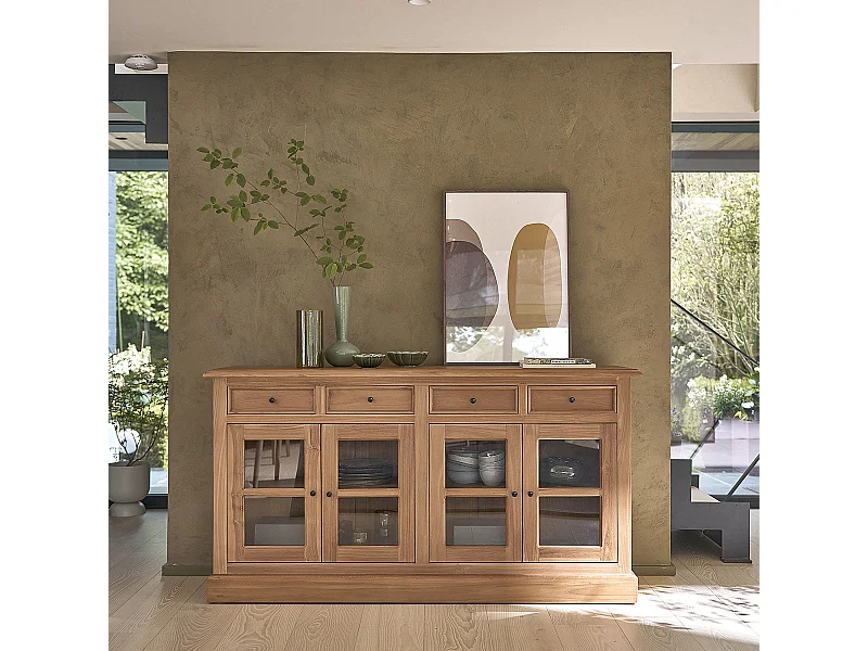 Buffet 4 portes en verre et 4 tiroirs, en teck massif