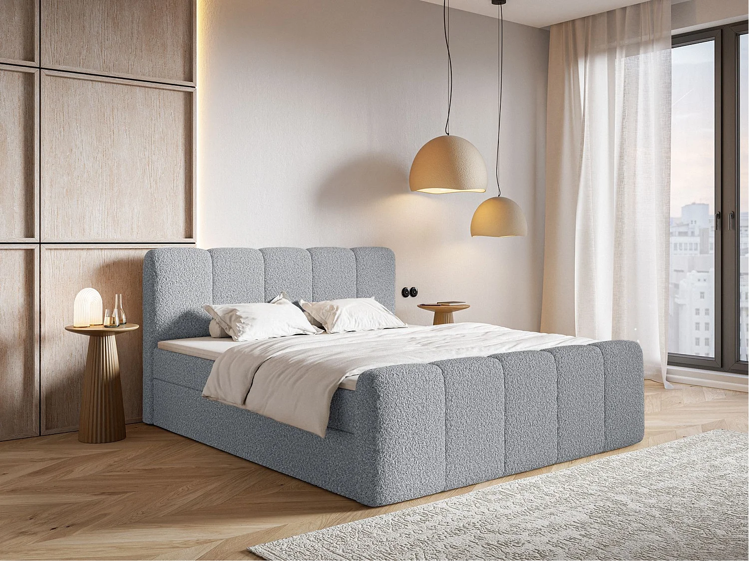 Lit continental - 200x200 cm - en tissu bouclé gris - CLOUDY II