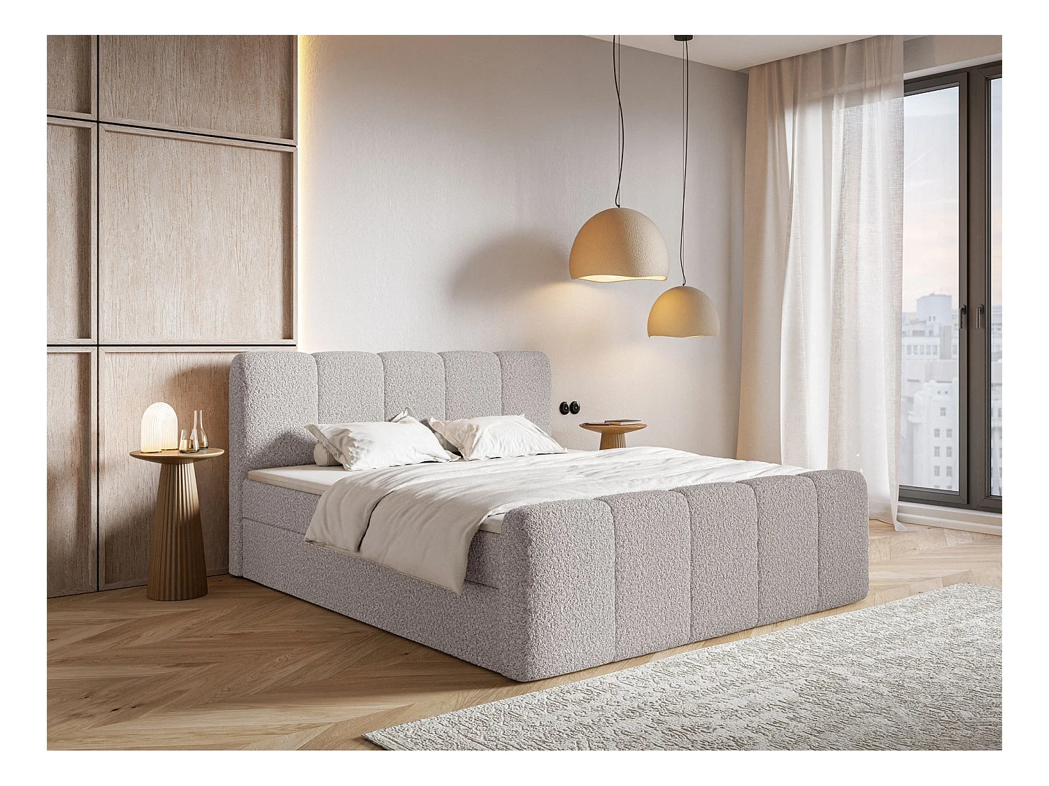 Lit continental - 200x200 cm - en tissu bouclé taupe - CLOUDY II