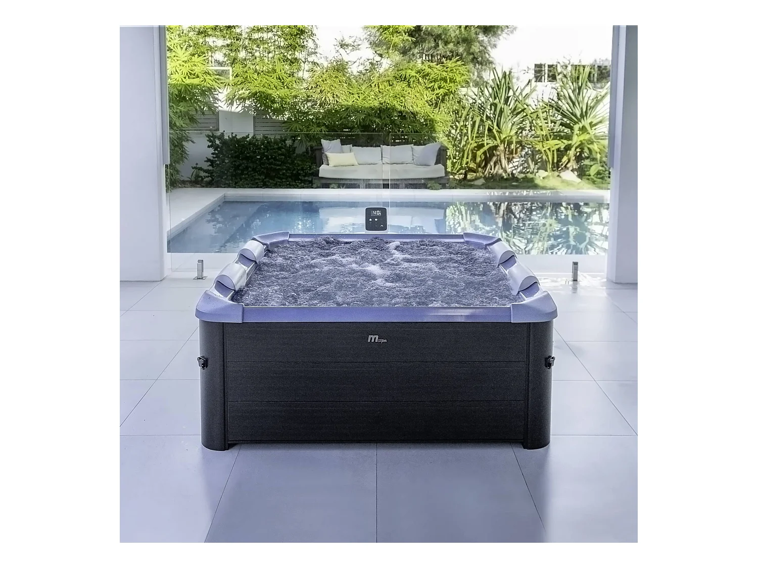 Spa rigide 6 places hydromassages. 4 coussins + bâche incluse. OSLO SAPPHIRE. L 160 x P 160 x H 65 cm. gris et bleu sapphire