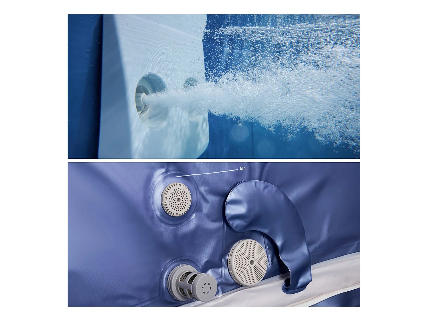 Spa rigide 6 places hydromassages. 4 coussins + bâche incluse. OSLO SAPPHIRE. L 160 x P 160 x H 65 cm. gris et bleu sapphire