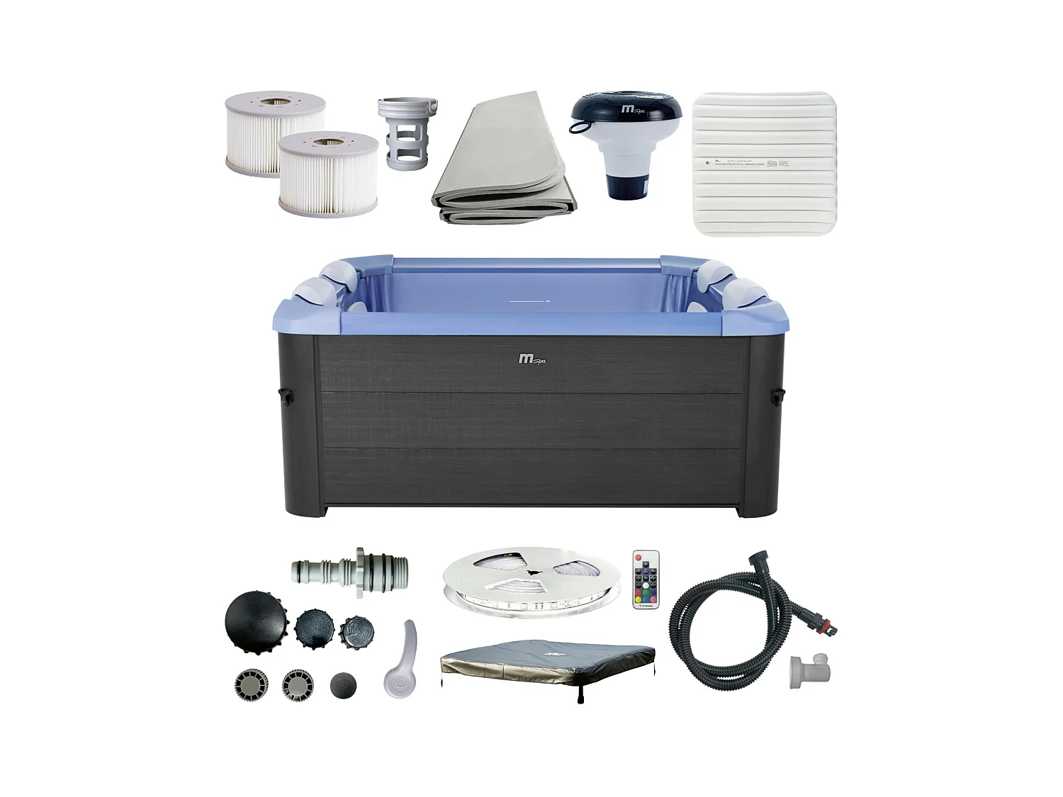 Spa rigide 6 places hydromassages. 4 coussins + bâche incluse. OSLO SAPPHIRE. L 160 x P 160 x H 65 cm. gris et bleu sapphire