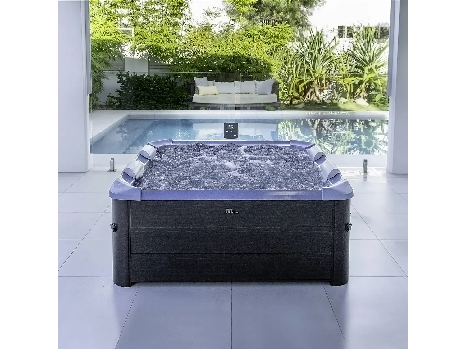 Spa rigide 6 places hydromassages. 4 coussins + bâche incluse. OSLO SAPPHIRE. L 160 x P 160 x H 65 cm. gris et bleu sapphire