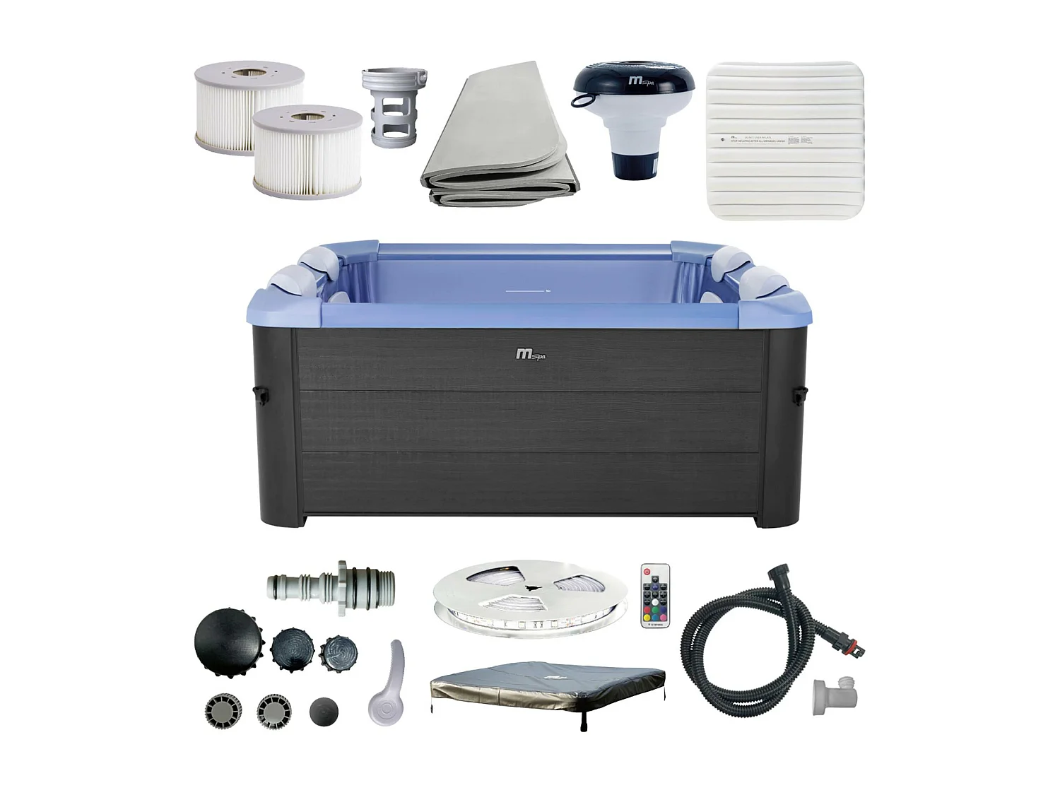 Spa rigide 6 places hydromassages. 4 coussins + bâche incluse. OSLO SAPPHIRE. L 160 x P 160 x H 65 cm. gris et bleu sapphire