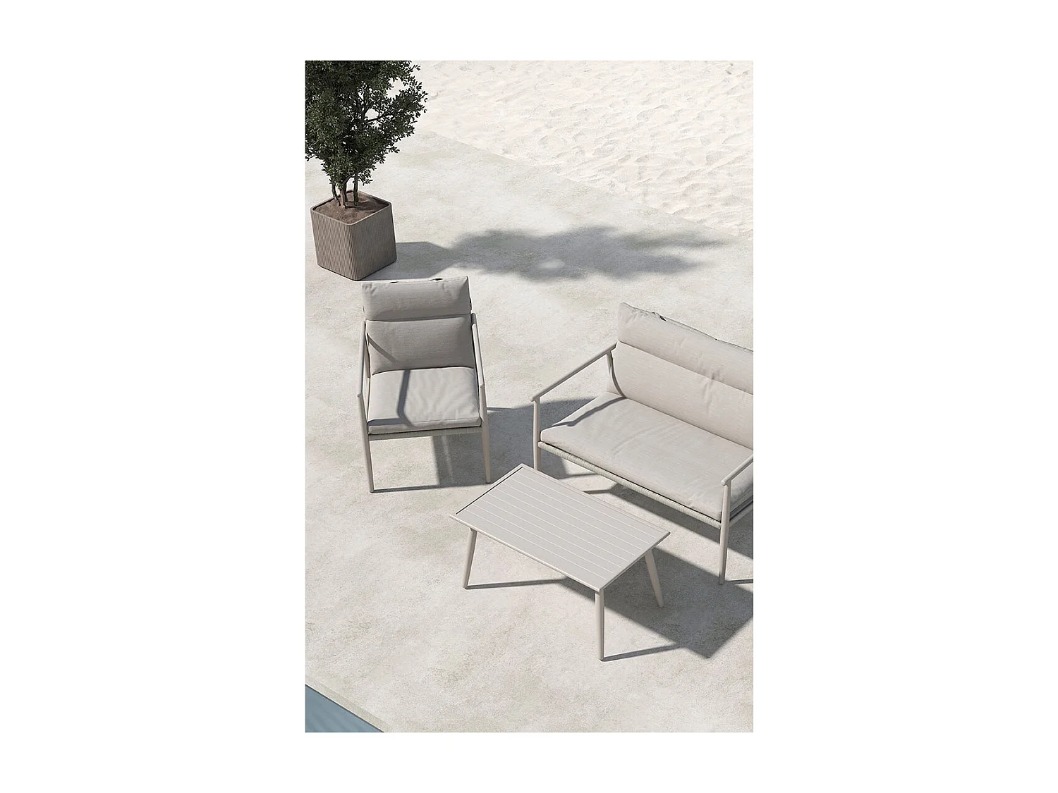 Mazzaro lounge set 1 bank, 2 stoelen, 1 salontafel beige.