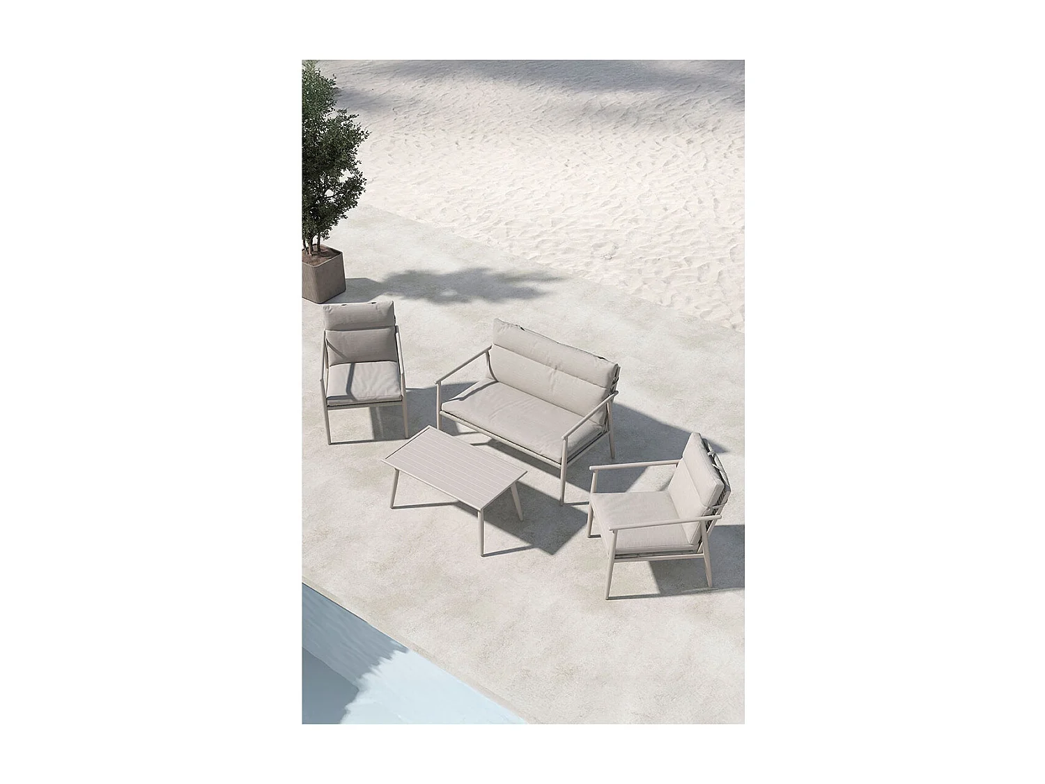 Mazzaro lounge set 1 bank, 2 stoelen, 1 salontafel beige.