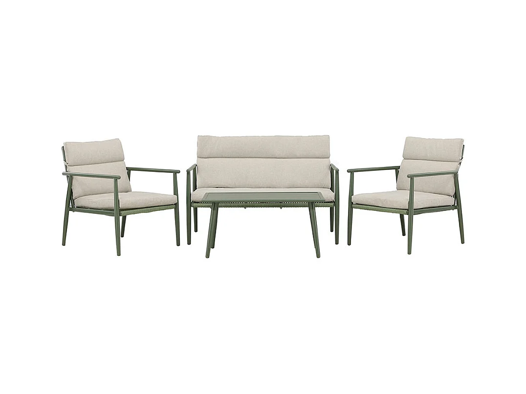 Mazzarosalon 1 canapé, 2 fauteuils, 1 table basse verte.