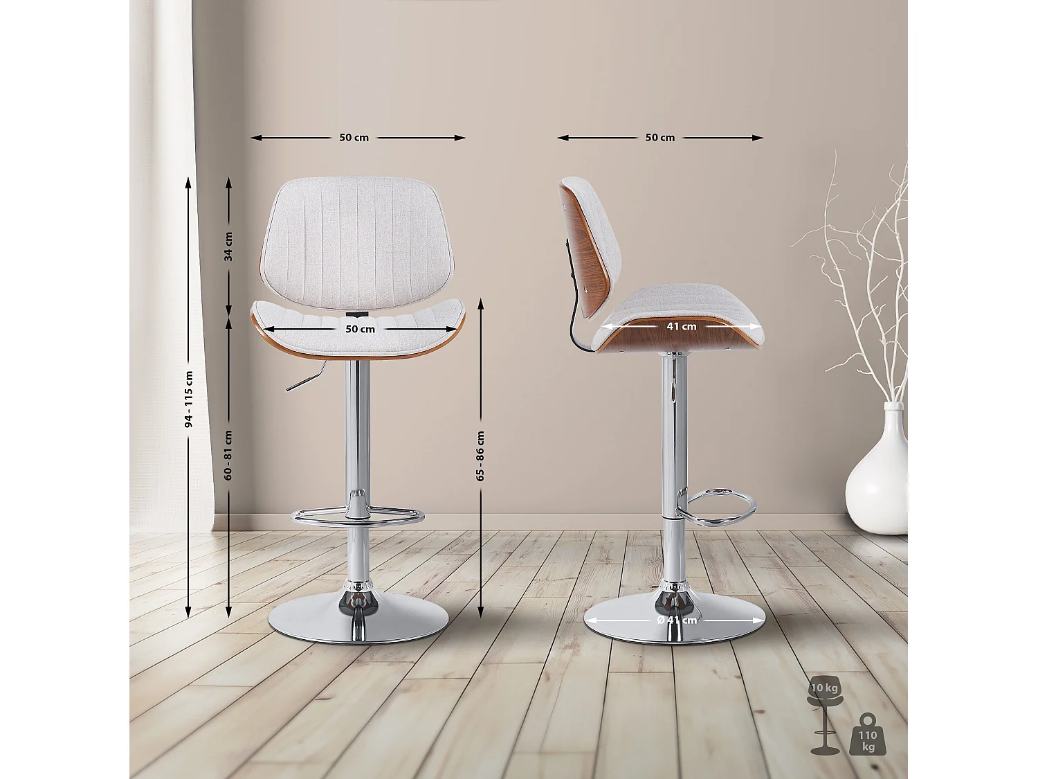Lot de 2  Tabouret de bar - Tissu & Chrome - Noyer / Crème - Clawson