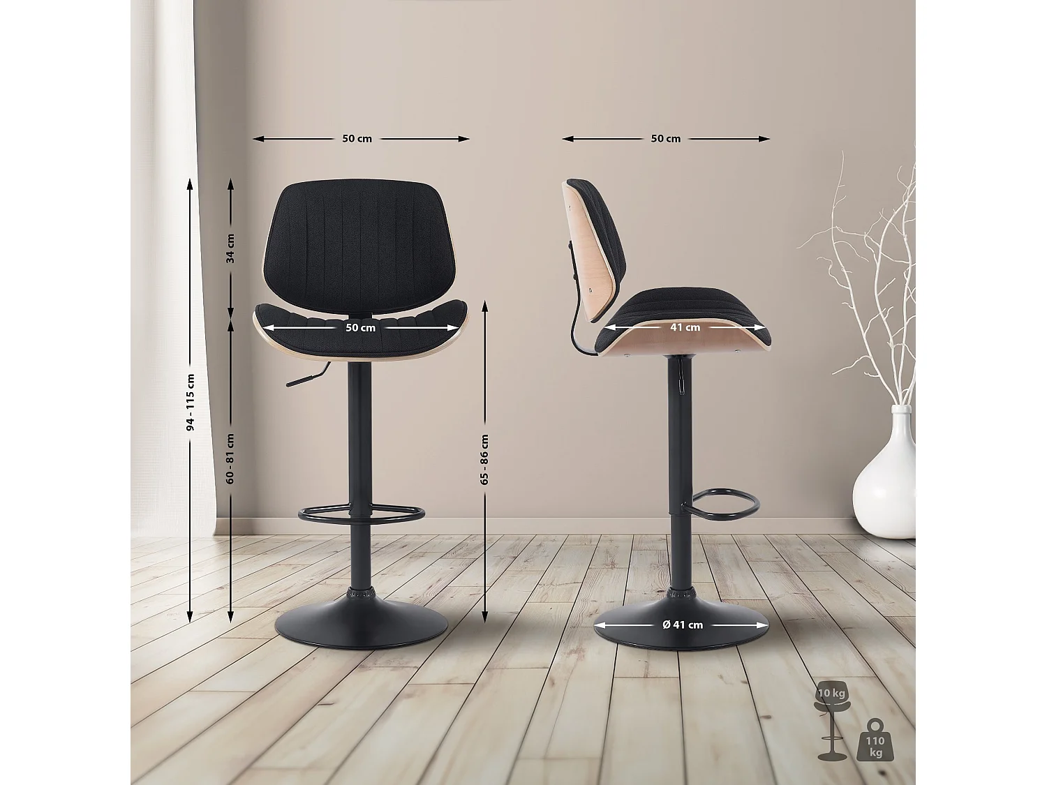 Lot de 2  Tabouret de bar - Tissu & Noir - Nature / Noir - Clawson