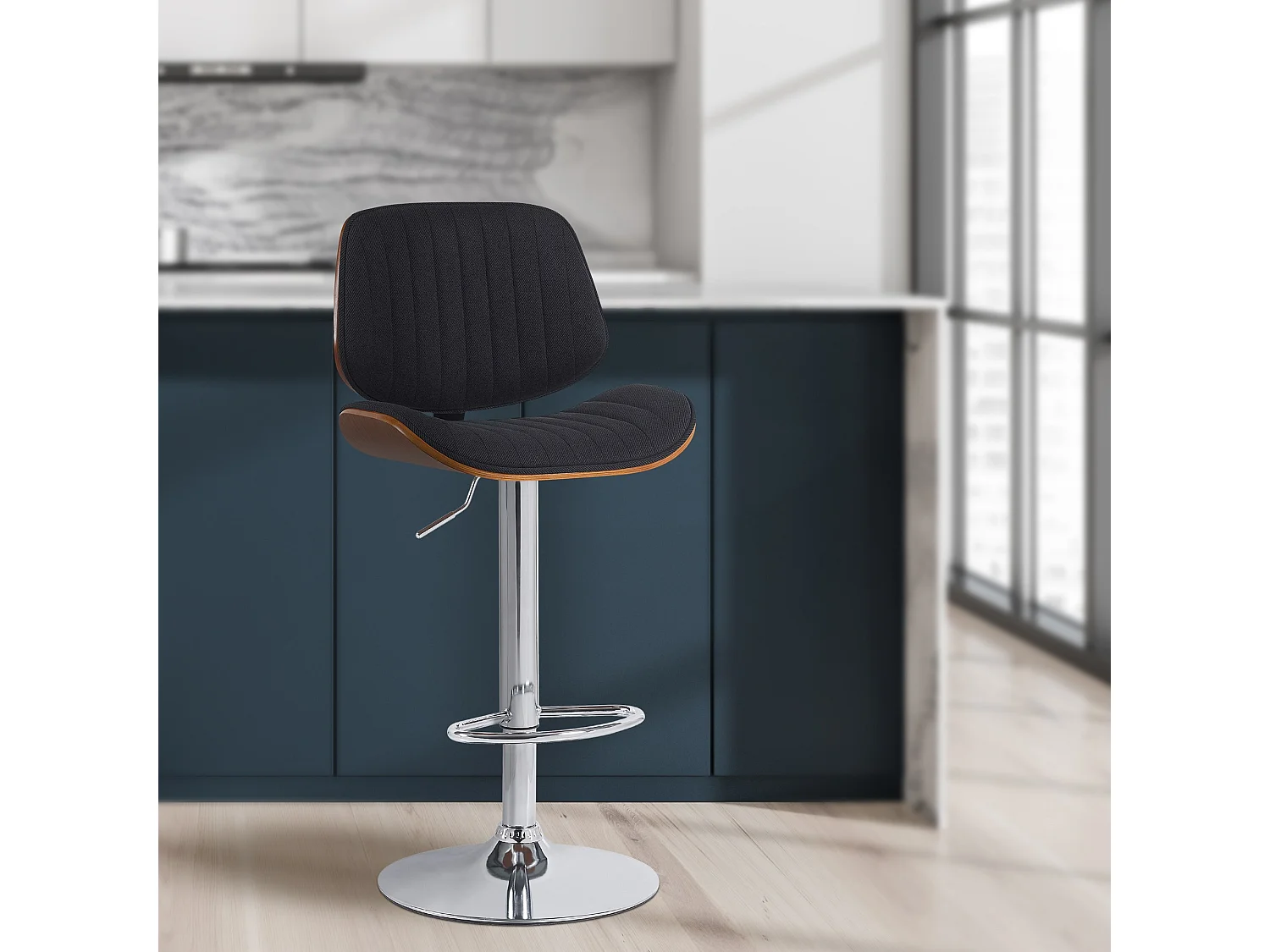 Lot de 2  Tabouret de bar - Tissu & Chrome - Noyer / Noir - Clawson