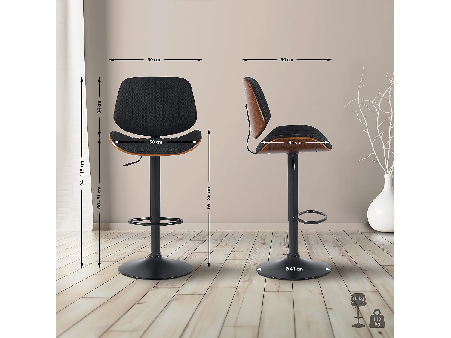Lot de 2  Tabouret de bar - Tissu & Noir - Noyer / Noir - Clawson