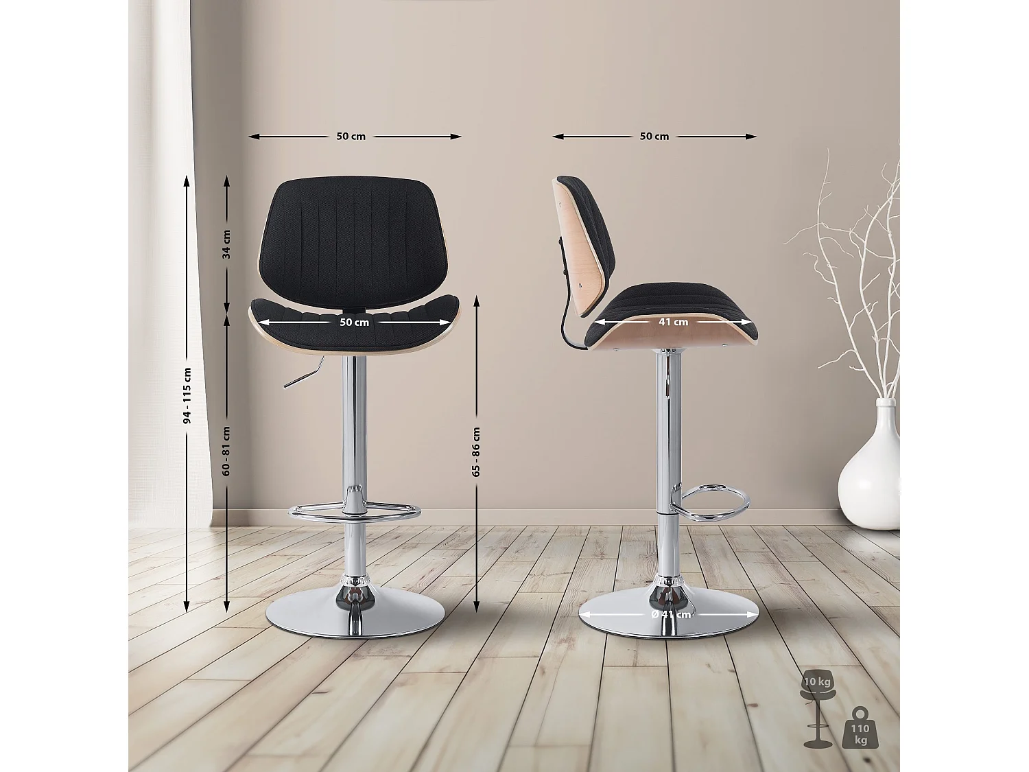 Lot de 2  Tabouret de bar - Tissu & Chrome - Nature / Noir - Clawson