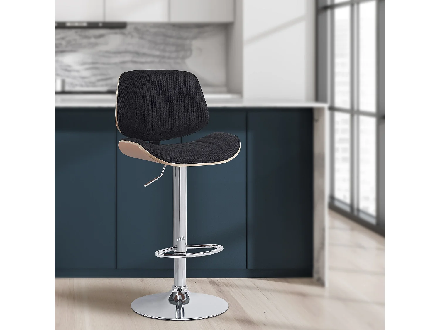 Lot de 2  Tabouret de bar - Tissu & Chrome - Nature / Noir - Clawson