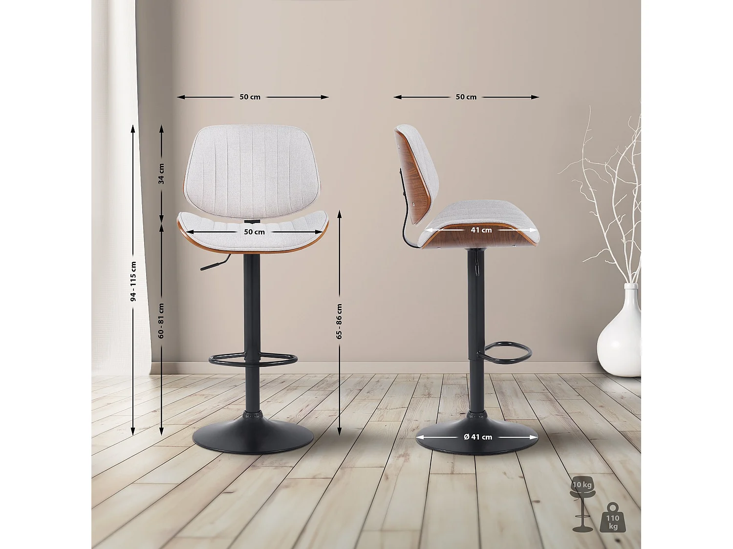 Lot de 2  Tabouret de bar - Tissu & Noir - Noyer / Crème - Clawson