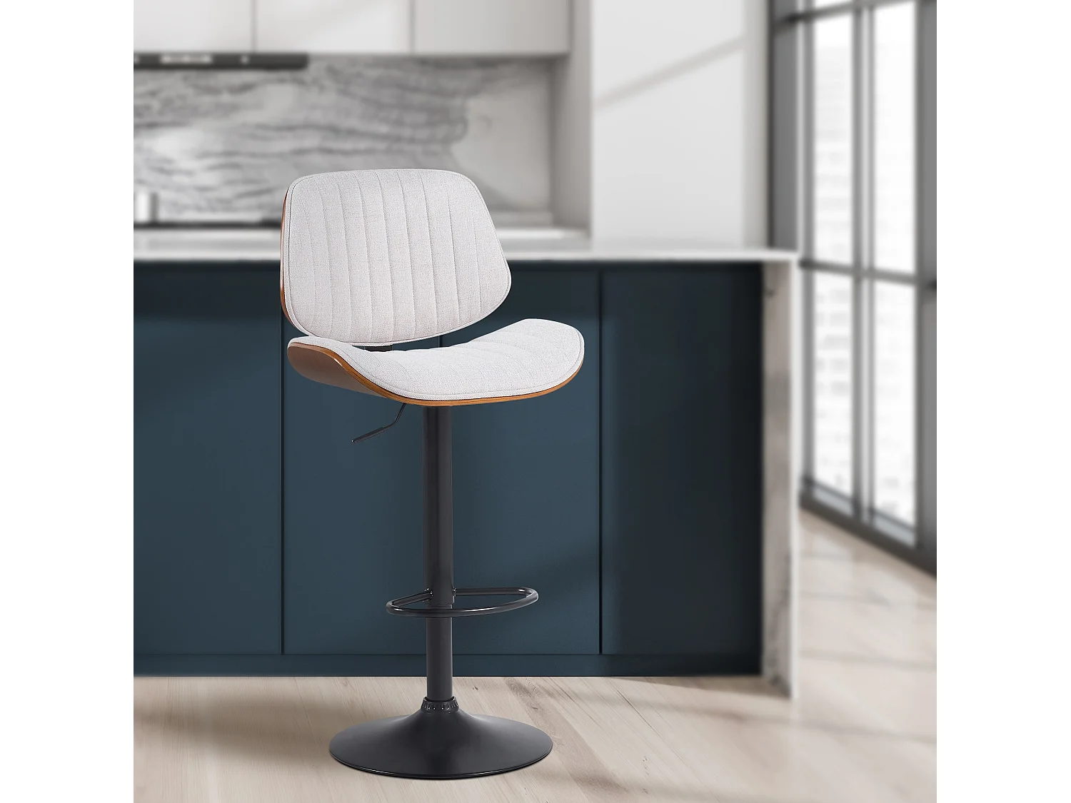 Lot de 2  Tabouret de bar - Tissu & Noir - Noyer / Crème - Clawson