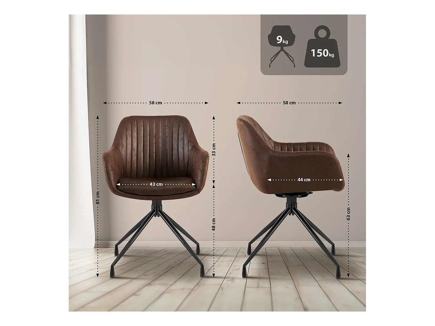 Lot de 2  chaises avec accoudoirs - Similicuir vintage - Marron foncé - Welby