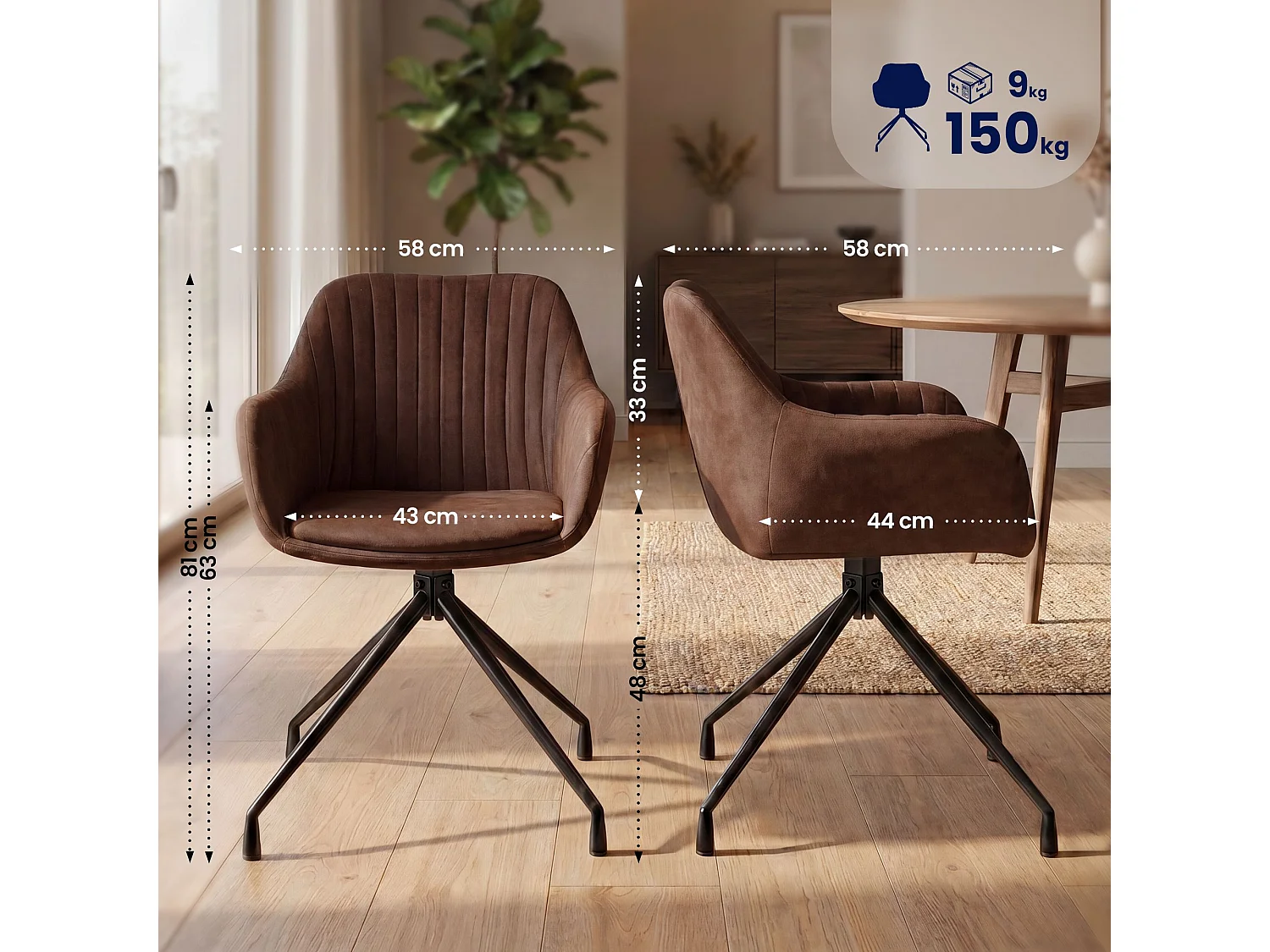 Lot de 2  chaises avec accoudoirs - Similicuir vintage - Marron foncé - Welby