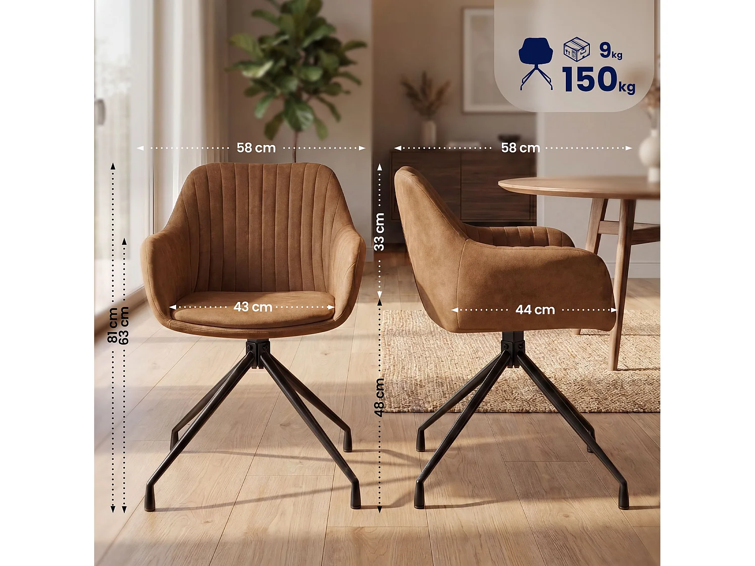 Lot de 2  chaises avec accoudoirs - Similicuir vintage - Marron clair - Welby