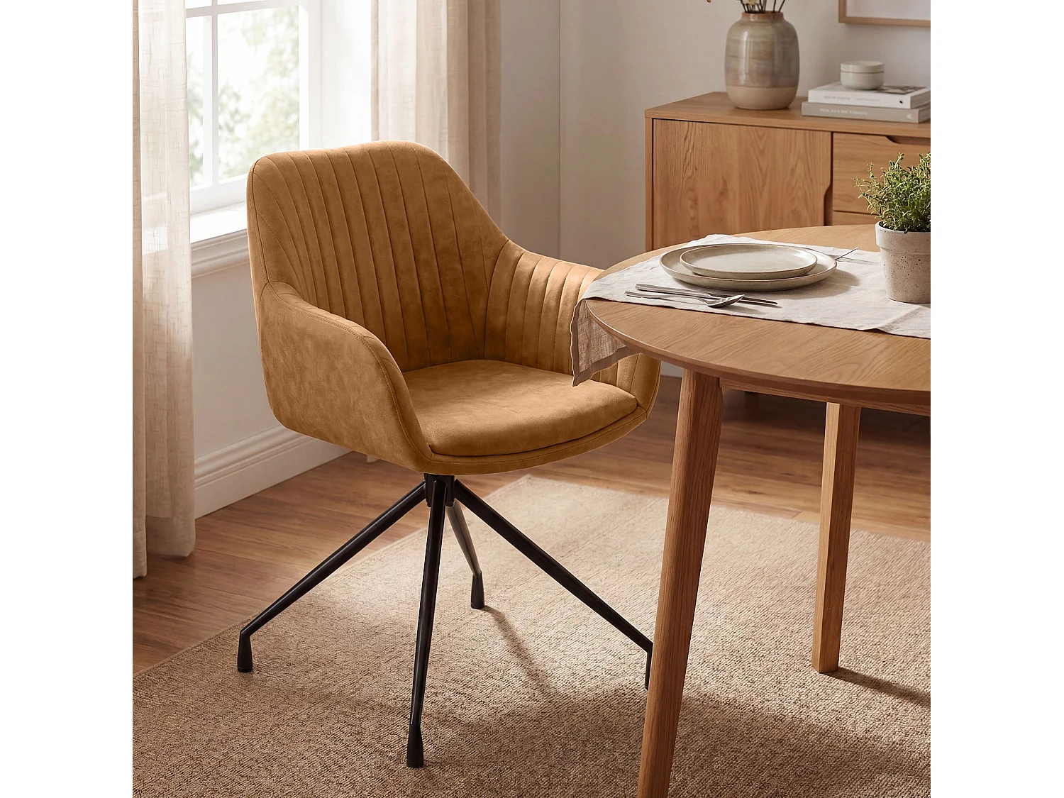 Lot de 2  chaises avec accoudoirs - Similicuir vintage - Marron clair - Welby
