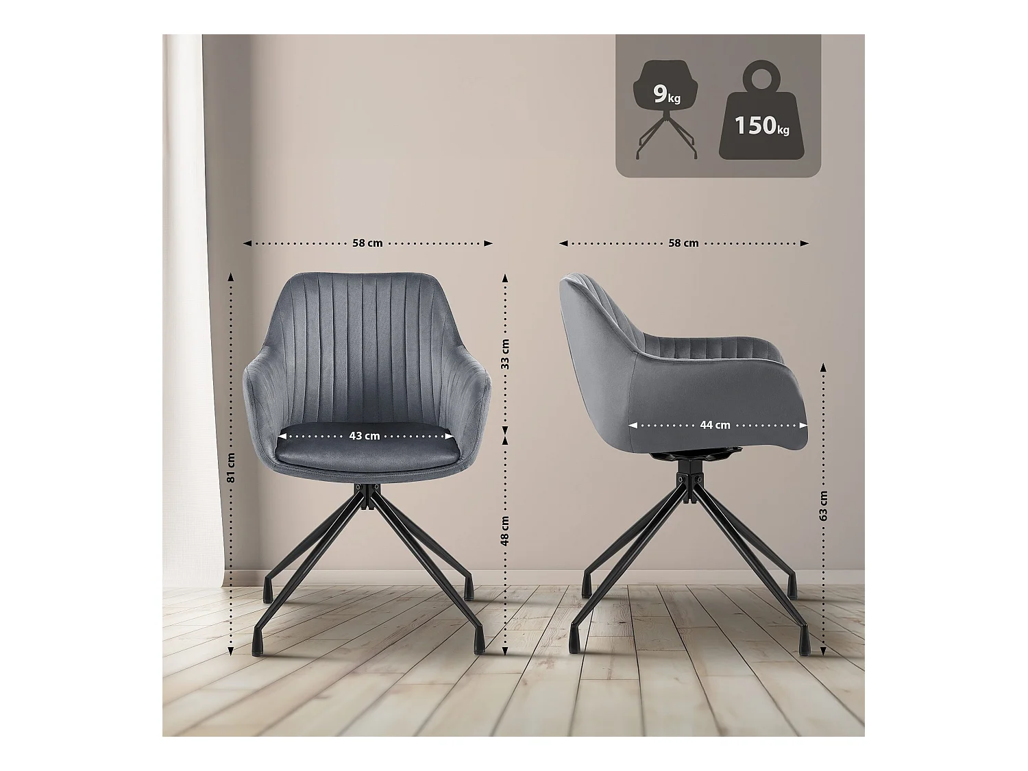 Lot de 2  chaises avec accoudoirs - Velours - Gris foncé - Welby