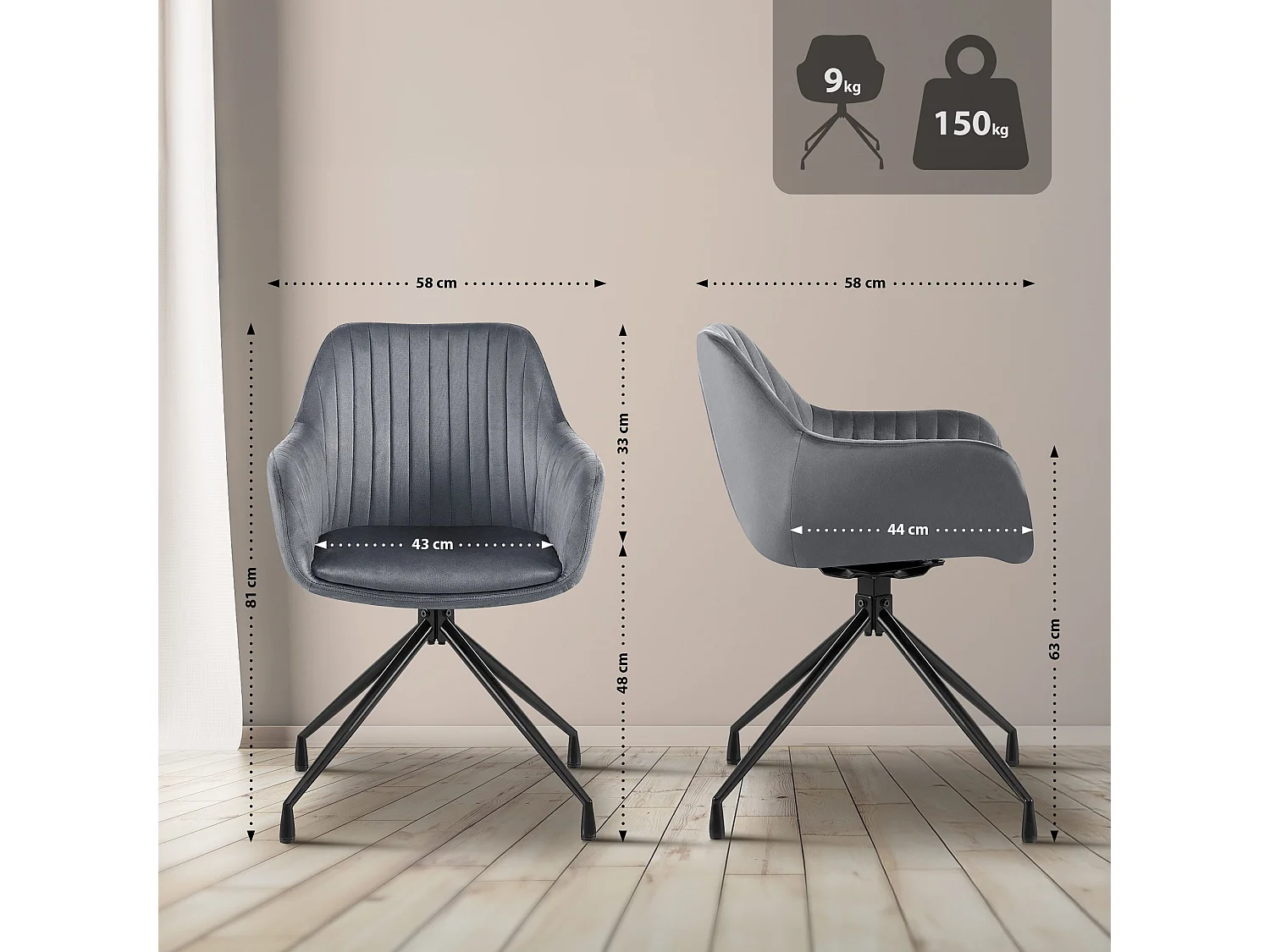 Lot de 2  chaises avec accoudoirs - Velours - Gris foncé - Welby