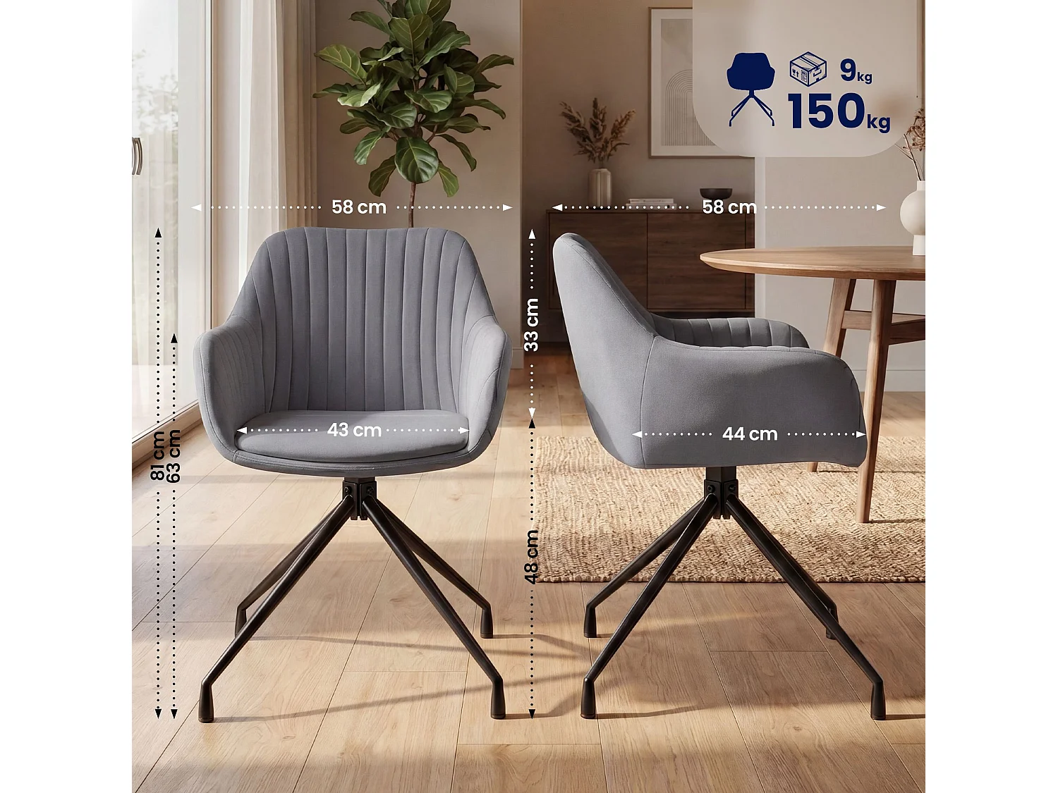 Lot de 2  chaises avec accoudoirs - Velours - Gris foncé - Welby
