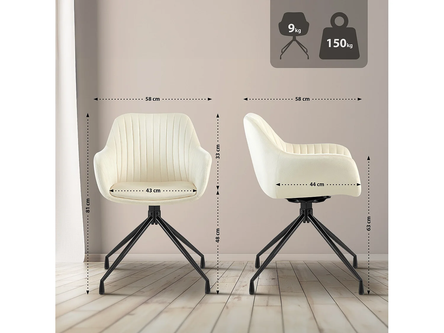 Lot de 2  chaises avec accoudoirs - Velours - Crème - Welby