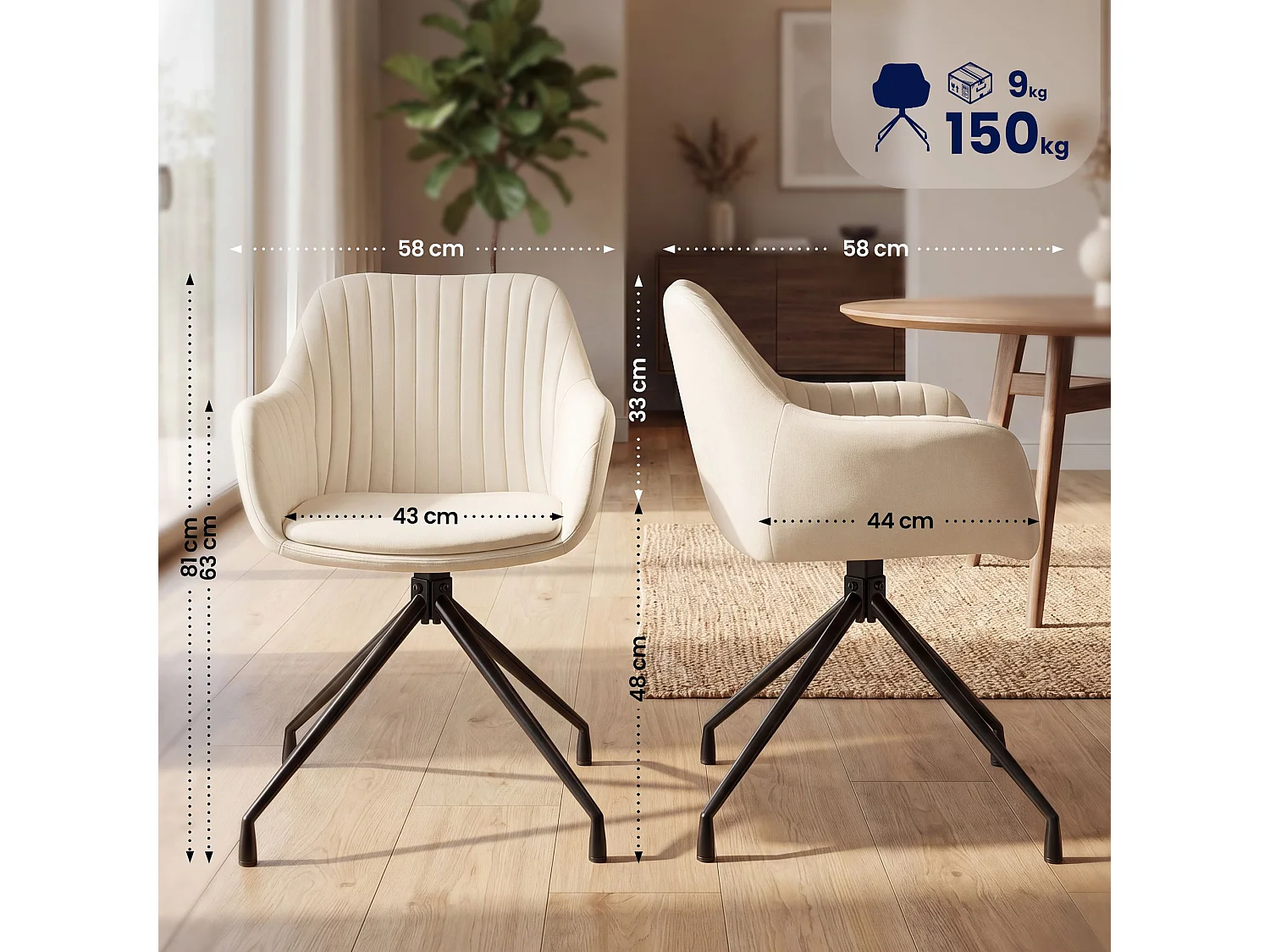 Lot de 2  chaises avec accoudoirs - Velours - Crème - Welby