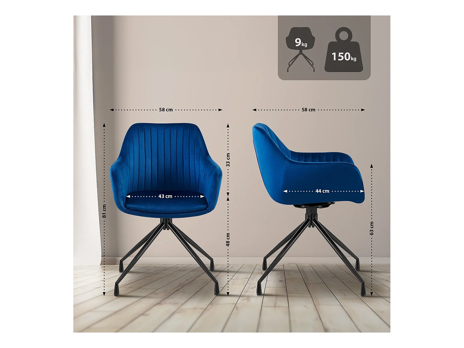Lot de 2  chaises avec accoudoirs - Velours - Bleu foncé - Welby