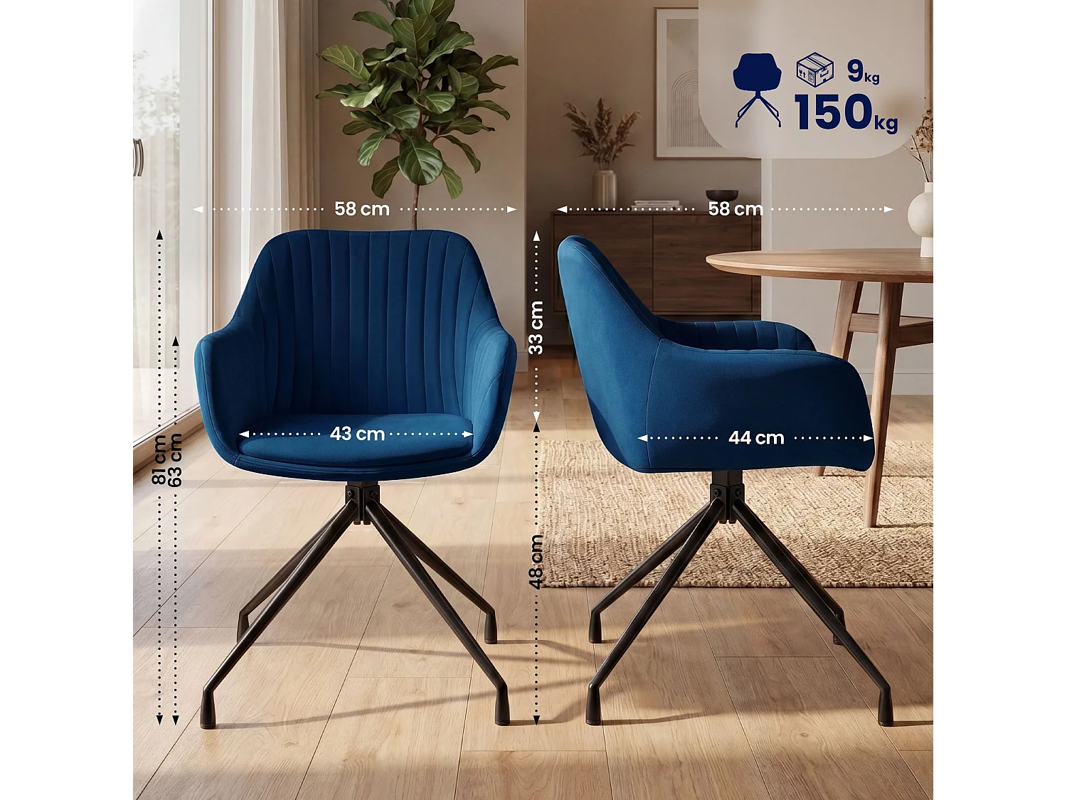 Lot de 2  chaises avec accoudoirs - Velours - Bleu foncé - Welby