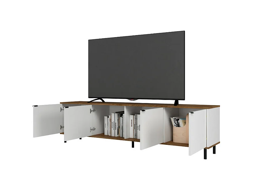 Meuble TV 80 Pouces 4 Portes 4 Niches Blanc et Châtaignier L 183 H 49 P 38 cm