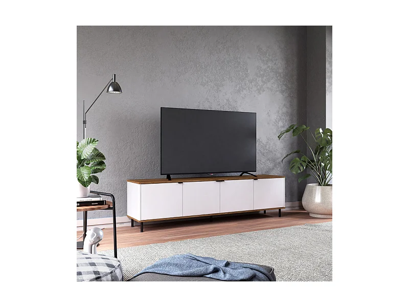 Meuble TV 80 Pouces 4 Portes 4 Niches Blanc et Châtaignier L 183 H 49 P 38 cm