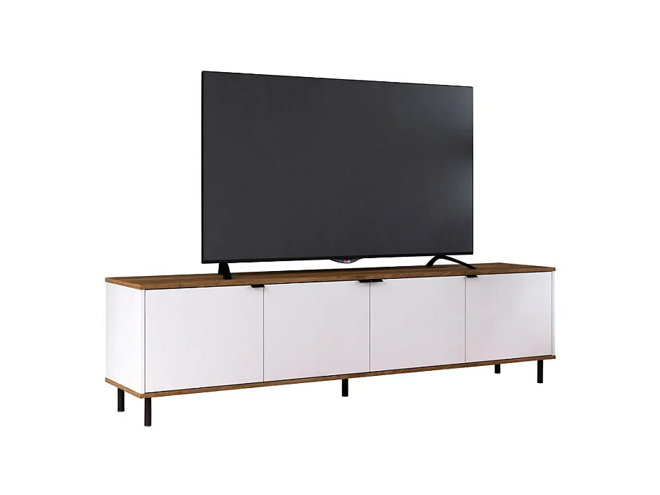 Meuble TV 80 Pouces 4 Portes 4 Niches Blanc et Châtaignier L 183 H 49 P 38 cm