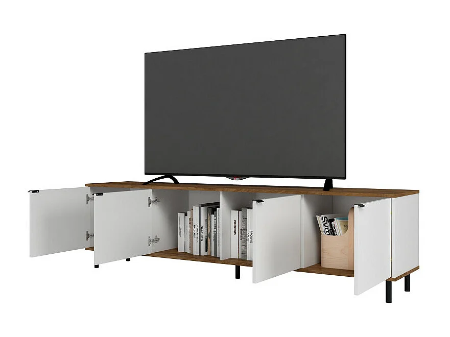Meuble TV 80 Pouces 4 Portes 4 Niches Blanc et Châtaignier L 183 H 49 P 38 cm