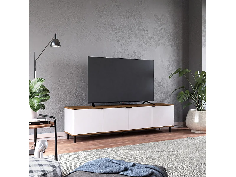 Meuble TV 80 Pouces 4 Portes 4 Niches Blanc et Châtaignier L 183 H 49 P 38 cm