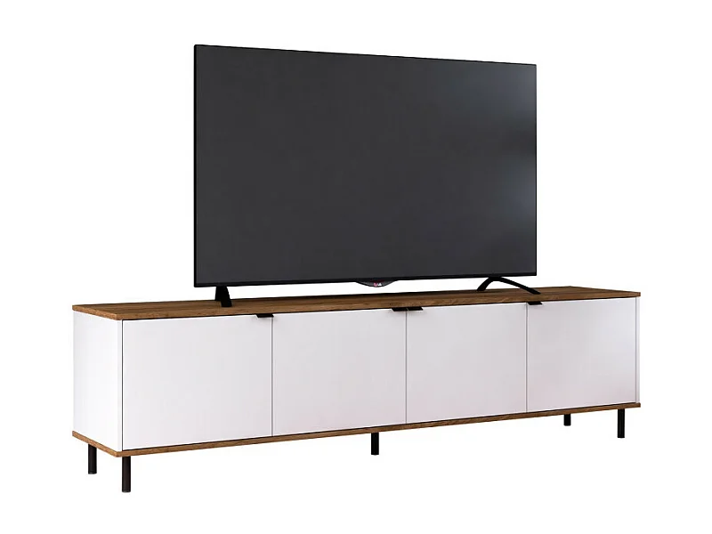 Meuble TV 80 Pouces 4 Portes 4 Niches Blanc et Châtaignier L 183 H 49 P 38 cm