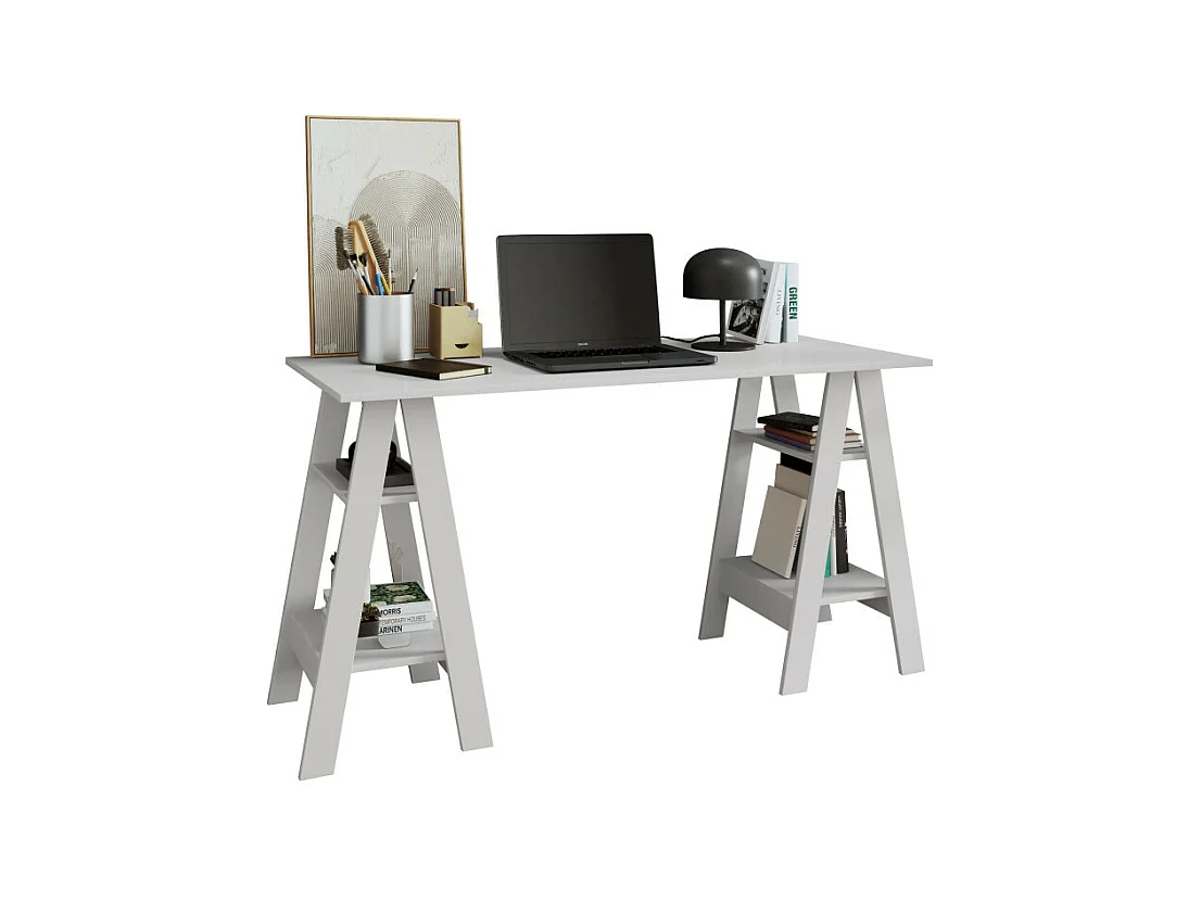 Bureau 2 Tréteaux 4 Niches 4 Etagères Blanc L 135 H 75 P 60 cm