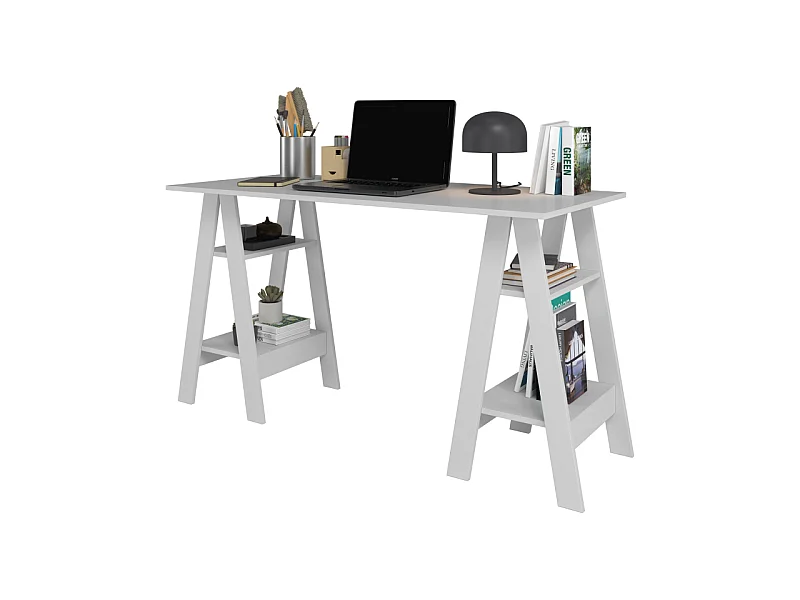 Bureau 2 Tréteaux 4 Niches 4 Etagères Blanc L 135 H 75 P 60 cm