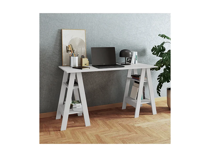 Bureau 2 Tréteaux 4 Niches 4 Etagères Blanc L 135 H 75 P 60 cm